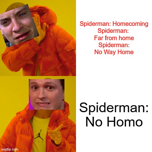 I mean, it's not wrong. | Spiderman: Homecoming



Spiderman: 
Far from home




Spiderman:
No Way Home; Spiderman: No Homo | image tagged in memes,drake hotline bling | made w/ Imgflip meme maker