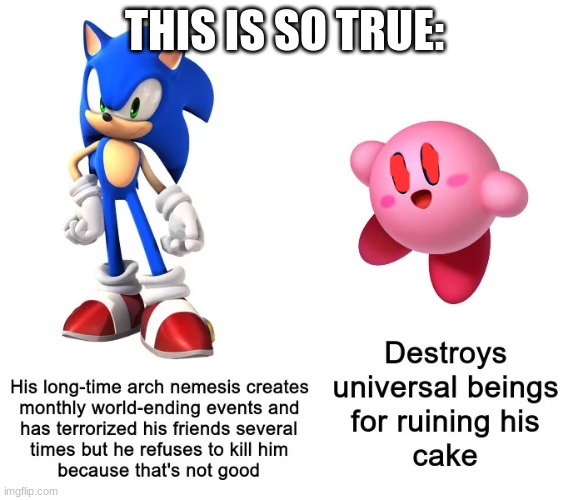 Sonic and Kirby | THIS IS SO TRUE: | image tagged in memes,lol so funny,hahaha,kirby,sonic the hedgehog | made w/ Imgflip meme maker