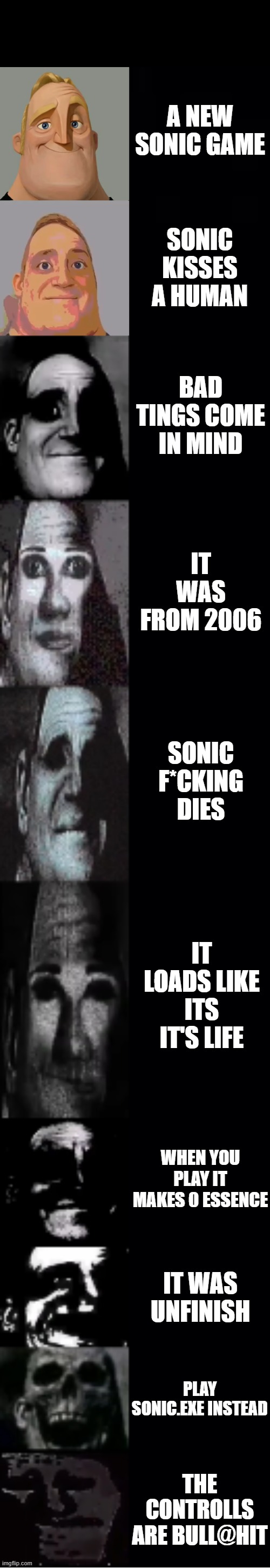 sonic 06 be like |  A NEW SONIC GAME; SONIC KISSES A HUMAN; BAD TINGS COME IN MIND; IT WAS FROM 2006; SONIC F*CKING DIES; IT LOADS LIKE ITS IT'S LIFE; WHEN YOU PLAY IT MAKES 0 ESSENCE; IT WAS UNFINISH; PLAY SONIC.EXE INSTEAD; THE CONTROLLS ARE BULL@HIT | image tagged in mr incredible becoming uncanny,sonic 2006,sonic 2006 sucks,bullshit | made w/ Imgflip meme maker