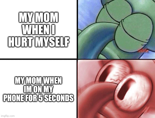 It be like this | MY MOM WHEN I HURT MYSELF; MY MOM WHEN IM ON MY PHONE FOR 5 SECONDS | image tagged in sleeping squidward,memes,funny,mom,phone | made w/ Imgflip meme maker
