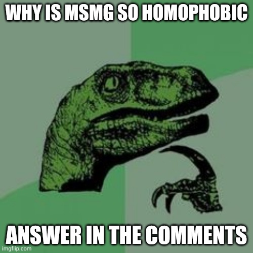 Why | WHY IS MSMG SO HOMOPHOBIC; ANSWER IN THE COMMENTS | image tagged in time raptor | made w/ Imgflip meme maker