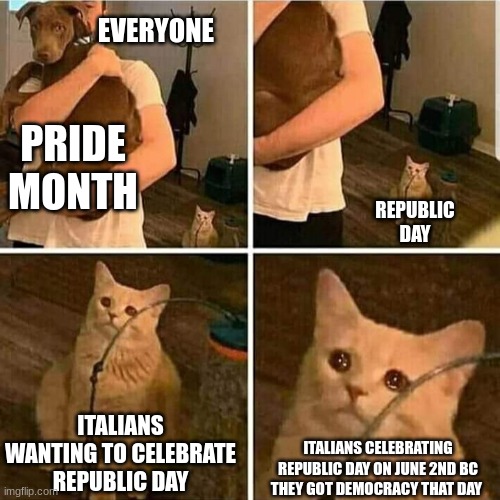 seriously though, we need some time for that. please. | EVERYONE; PRIDE MONTH; REPUBLIC DAY; ITALIANS WANTING TO CELEBRATE REPUBLIC DAY; ITALIANS CELEBRATING REPUBLIC DAY ON JUNE 2ND BC THEY GOT DEMOCRACY THAT DAY | image tagged in sad cat holding dog | made w/ Imgflip meme maker