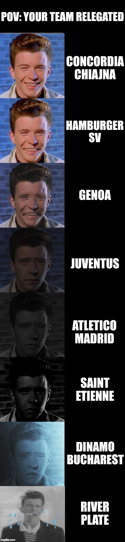 POV: Your team relegated | POV: YOUR TEAM RELEGATED; CONCORDIA CHIAJNA; HAMBURGER SV; GENOA; JUVENTUS; ATLETICO MADRID; SAINT ETIENNE; DINAMO BUCHAREST; RIVER PLATE | image tagged in rick astley becoming sad true form,relegated,river plate,dinamo,juventus,sports | made w/ Imgflip meme maker