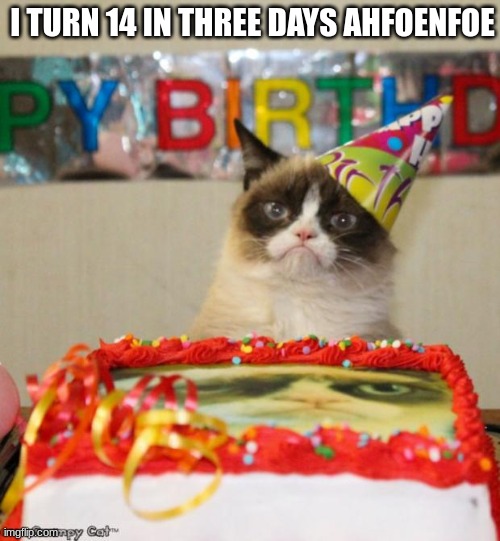 Grumpy Cat Birthday | I TURN 14 IN THREE DAYS AHFOENFOE | image tagged in memes,grumpy cat birthday,grumpy cat | made w/ Imgflip meme maker