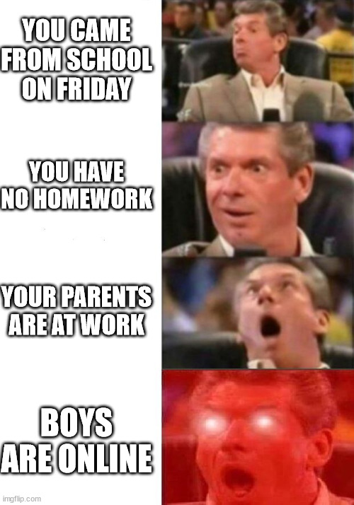 Mr. McMahon reaction | YOU CAME FROM SCHOOL ON FRIDAY; YOU HAVE NO HOMEWORK; YOUR PARENTS ARE AT WORK; BOYS ARE ONLINE | image tagged in mr mcmahon reaction | made w/ Imgflip meme maker