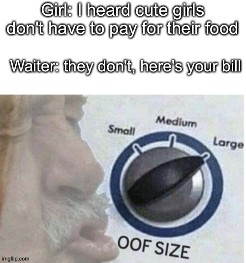 Girl: I heard cute girls don't have to pay for their food; Waiter: they don't, here's your bill | image tagged in memes,blank transparent square,oof size large,gifs,why are you reading this,stop reading the tags | made w/ Imgflip meme maker