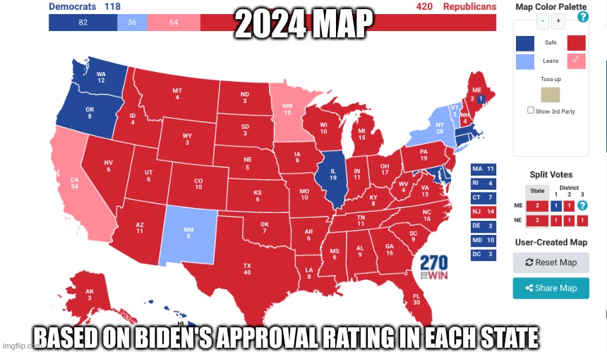 Faded color states are nearly split, with a slight edge to whatever color- like CA is 47% approve, 48% disapprove. | 2024 MAP; BASED ON BIDEN'S APPROVAL RATING IN EACH STATE | made w/ Imgflip meme maker