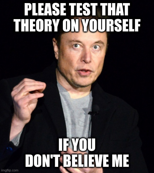 when someone says 'guns don't kill people' | PLEASE TEST THAT THEORY ON YOURSELF IF YOU DON'T BELIEVE ME | image tagged in musk | made w/ Imgflip meme maker