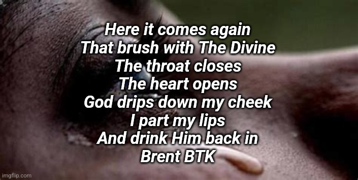 God Cries | Here it comes again
That brush with The Divine
The throat closes
The heart opens
God drips down my cheek
I part my lips
And drink Him back in
Brent BTK | image tagged in tears | made w/ Imgflip meme maker