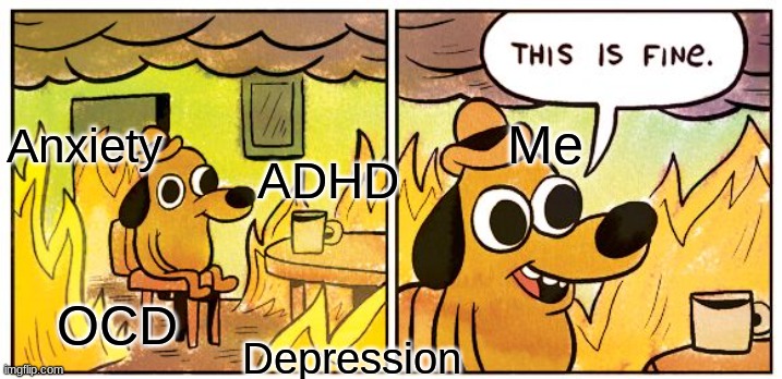 Help Me | Me; Anxiety; ADHD; OCD; Depression | image tagged in memes,this is fine,this is not okie dokie | made w/ Imgflip meme maker