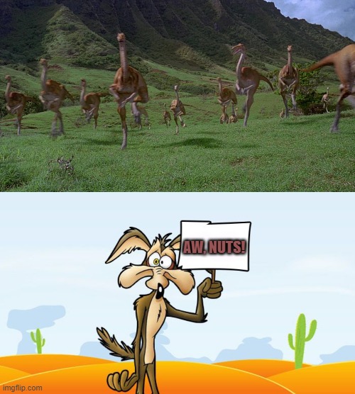 Wile E. Coyote Meets Gallimimus | AW, NUTS! | image tagged in jurassic park,jurassic world,wile e coyote,looney tunes | made w/ Imgflip meme maker