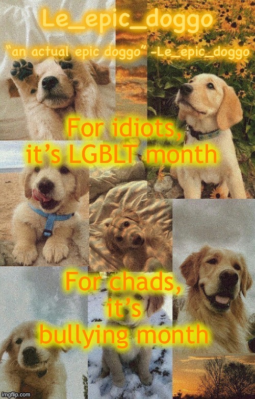 Doggo temp by doggo. Wait what that’s confusing | For idiots, it’s LGBLT month; For chads, it’s bullying month | image tagged in doggo temp by doggo wait what that s confusing | made w/ Imgflip meme maker