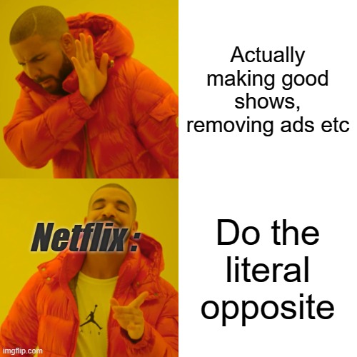>:( |  Actually making good shows, removing ads etc; Do the literal opposite; Netflix : | image tagged in memes,drake hotline bling | made w/ Imgflip meme maker