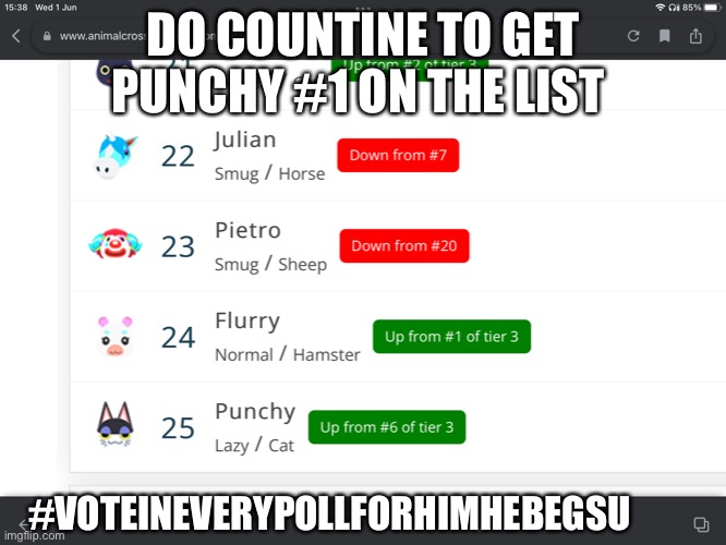 Punchy is Very Populur Now thanks to You couldnt do without you comrades | DO COUNTINE TO GET PUNCHY #1 ON THE LIST; #VOTEINEVERYPOLLFORHIMHEBEGSU | image tagged in meme,animalcrossingpoll | made w/ Imgflip meme maker