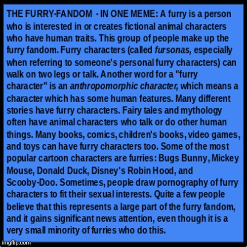 Just a  rather short informative all-in-one meme that I wrote explaining the furry-fandom (signed @SimoTheFinlandized) | image tagged in simothefinlandized,summarized,memes,furry,information | made w/ Imgflip meme maker