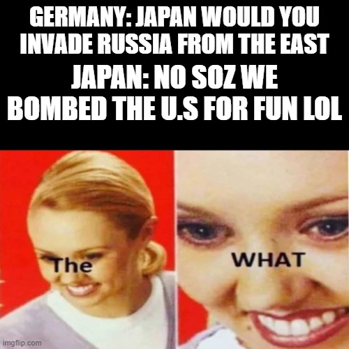 The What | GERMANY: JAPAN WOULD YOU INVADE RUSSIA FROM THE EAST; JAPAN: NO SOZ WE BOMBED THE U.S FOR FUN LOL | image tagged in the what | made w/ Imgflip meme maker