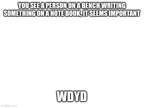 Blank White Template | YOU SEE A PERSON ON A BENCH WRITING SOMETHING ON A NOTE BOOK, IT SEEMS IMPORTANT; WDYD | image tagged in blank white template | made w/ Imgflip meme maker