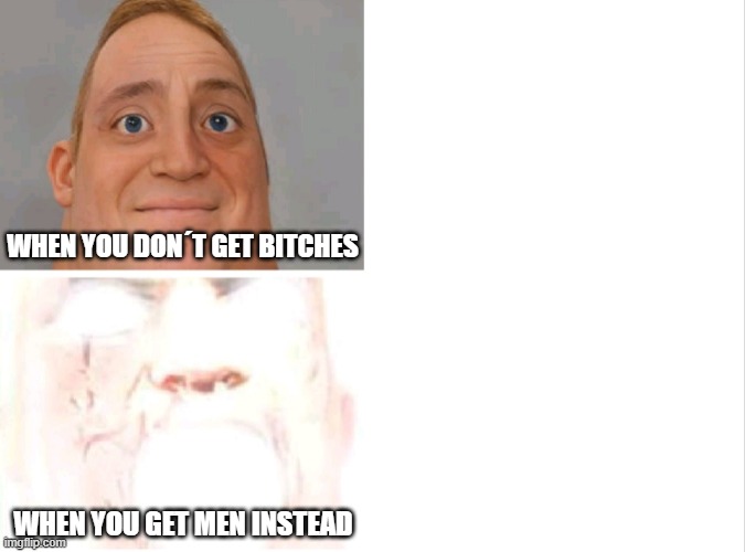 mr incredible meme | WHEN YOU DON´T GET BITCHES; WHEN YOU GET MEN INSTEAD | image tagged in mr incredibile uncanny and canny | made w/ Imgflip meme maker