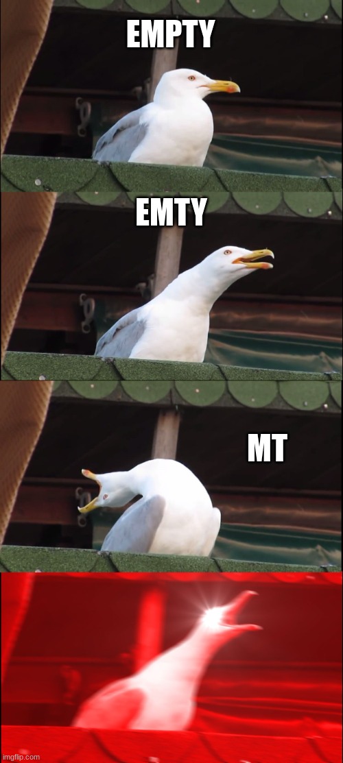 EMPTY | EMPTY; EMTY; MT | image tagged in memes,inhaling seagull | made w/ Imgflip meme maker