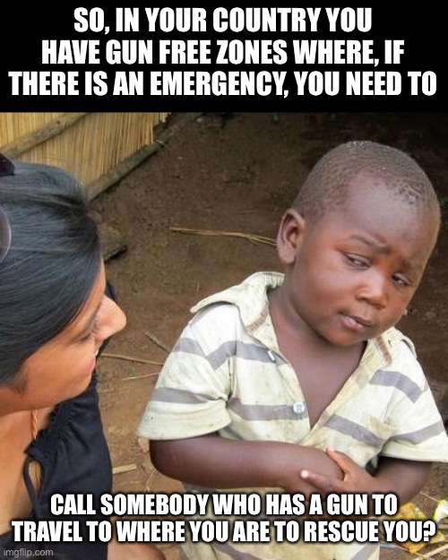 Makes no sense | SO, IN YOUR COUNTRY YOU HAVE GUN FREE ZONES WHERE, IF THERE IS AN EMERGENCY, YOU NEED TO; CALL SOMEBODY WHO HAS A GUN TO TRAVEL TO WHERE YOU ARE TO RESCUE YOU? | image tagged in memes,third world skeptical kid | made w/ Imgflip meme maker