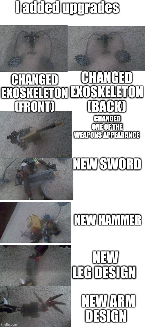 new changes have been made | I added upgrades; CHANGED EXOSKELETON (FRONT); CHANGED EXOSKELETON (BACK); CHANGED ONE OF THE WEAPONS APPEARANCE; NEW SWORD; NEW HAMMER; NEW LEG DESIGN; NEW ARM DESIGN | image tagged in blank white template | made w/ Imgflip meme maker