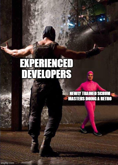scrum master vs devs |  EXPERIENCED DEVELOPERS; NEWLY TRAINED SCRUM MASTERS DOING A RETRO | image tagged in pink guy vs bane | made w/ Imgflip meme maker