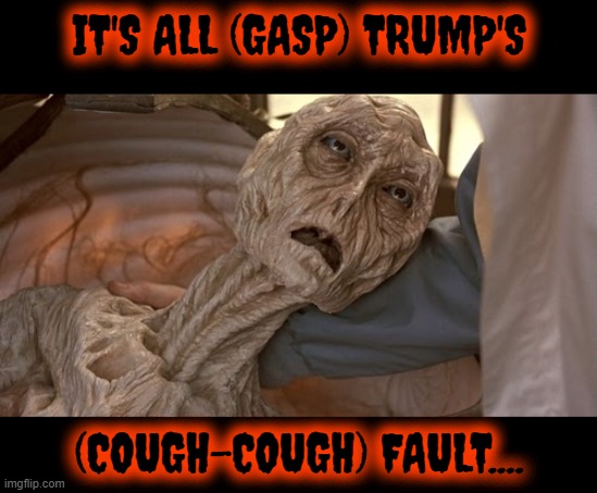Alien Dying | IT'S ALL (GASP) TRUMP'S (COUGH-COUGH) FAULT.... | image tagged in alien dying | made w/ Imgflip meme maker