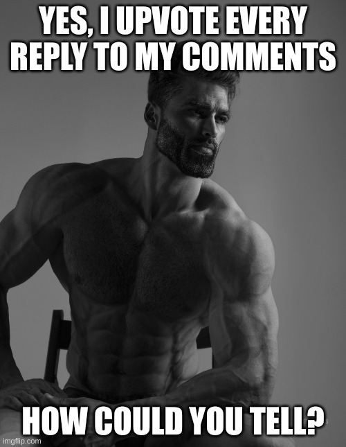 Mega Chad | YES, I UPVOTE EVERY REPLY TO MY COMMENTS; HOW COULD YOU TELL? | image tagged in giga chad | made w/ Imgflip meme maker