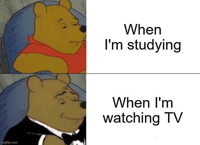 Tuxedo Winnie The Pooh Meme | When I'm studying; When I'm watching TV | image tagged in memes,tuxedo winnie the pooh | made w/ Imgflip meme maker