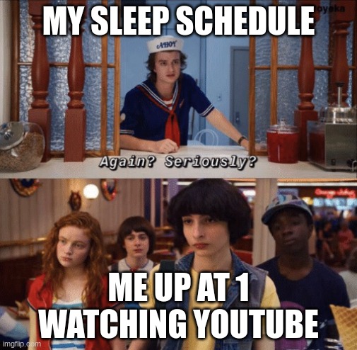 Happens every night | MY SLEEP SCHEDULE; ME UP AT 1 WATCHING YOUTUBE | image tagged in again seriously | made w/ Imgflip meme maker