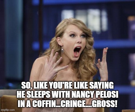 Taylor Swift | SO, LIKE YOU'RE LIKE SAYING HE SLEEPS WITH NANCY PELOSI IN A COFFIN...CRINGE....GROSS! | image tagged in taylor swift | made w/ Imgflip meme maker