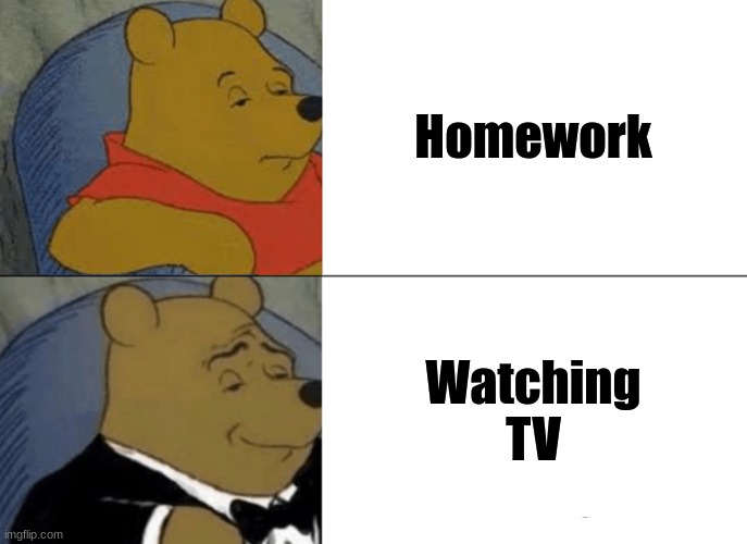 Watching TV | Homework; Watching TV | image tagged in memes,tuxedo winnie the pooh,homework,tv | made w/ Imgflip meme maker