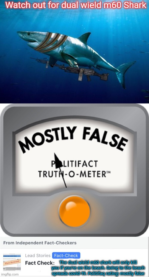 Please report SurlyKong69 memes like this to the FBI | The dual wield m60 shark will only kill you if you're on the beach. Going to the beach spreads covid-19. Politifaq rating: mostly false | image tagged in fbi | made w/ Imgflip meme maker