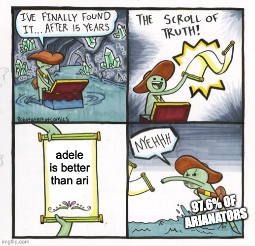 do you think ari is better than adele or vice versa? | adele is better than ari; 97.6% OF ARIANATORS | image tagged in memes,the scroll of truth,adele,ariana grande,comparison | made w/ Imgflip meme maker