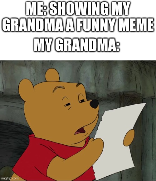 Winnie The Pooh | ME: SHOWING MY GRANDMA A FUNNY MEME; MY GRANDMA: | image tagged in winnie the pooh,lol so funny,hahaha,nooo haha go brrr,and that's a fact,true story | made w/ Imgflip meme maker