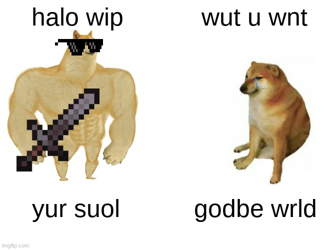 buf doge wnt ur suol | halo wip; wut u wnt; yur suol; godbe wrld | image tagged in memes,buff doge vs cheems | made w/ Imgflip meme maker