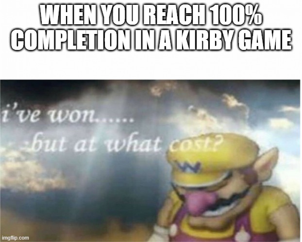 Getting 100% completion | WHEN YOU REACH 100% COMPLETION IN A KIRBY GAME | image tagged in i won but at what cost,kirby | made w/ Imgflip meme maker
