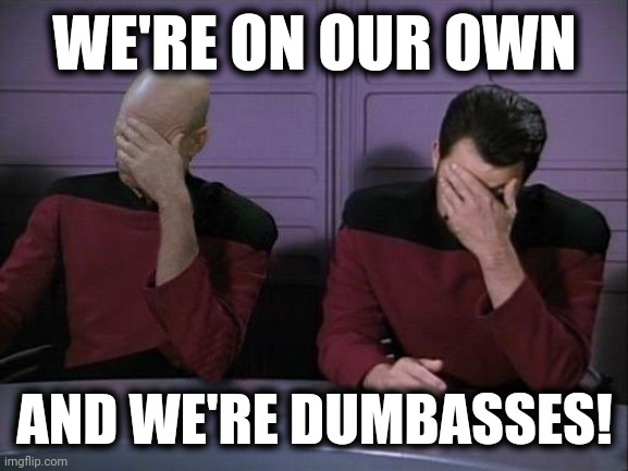 Double Facepalm | WE'RE ON OUR OWN AND WE'RE DUMBASSES! | image tagged in double facepalm | made w/ Imgflip meme maker