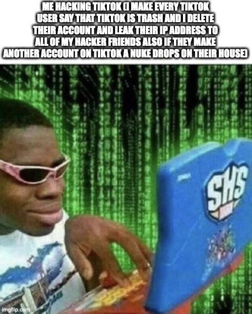 well this will take a while to read | ME HACKING TIKTOK (I MAKE EVERY TIKTOK USER SAY THAT TIKTOK IS TRASH AND I DELETE THEIR ACCOUNT AND LEAK THEIR IP ADDRESS TO ALL OF MY HACKER FRIENDS ALSO IF THEY MAKE ANOTHER ACCOUNT ON TIKTOK A NUKE DROPS ON THEIR HOUSE) | image tagged in ryan beckford | made w/ Imgflip meme maker