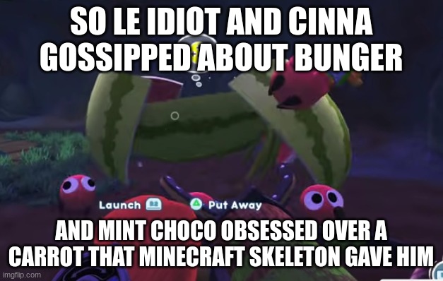 Watermelon Mayhem | SO LE IDIOT AND CINNA GOSSIPPED ABOUT BUNGER; AND MINT CHOCO OBSESSED OVER A CARROT THAT MINECRAFT SKELETON GAVE HIM | image tagged in watermelon mayhem | made w/ Imgflip meme maker