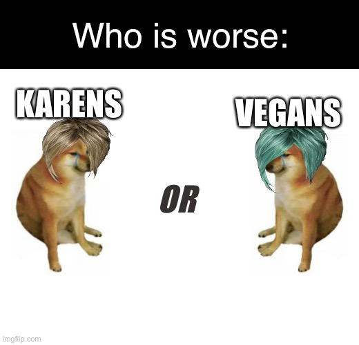 Battle! | Who is worse:; VEGANS; KARENS; OR | image tagged in cheems vs cheems | made w/ Imgflip meme maker