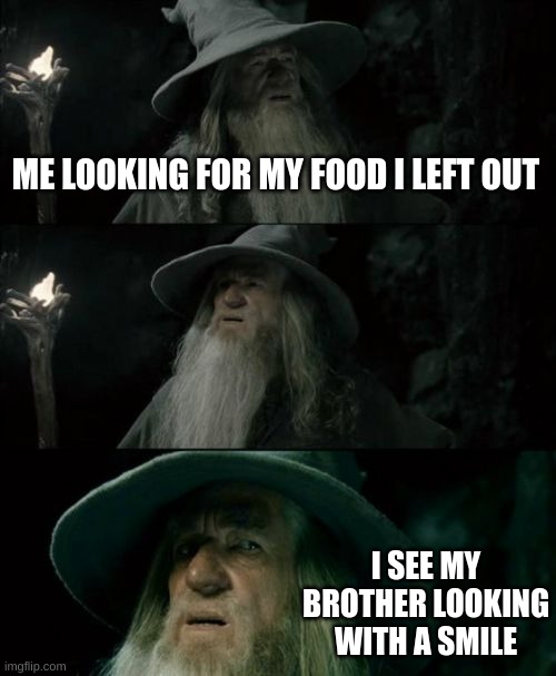 where my food at | ME LOOKING FOR MY FOOD I LEFT OUT; I SEE MY BROTHER LOOKING WITH A SMILE | image tagged in memes,confused gandalf,food | made w/ Imgflip meme maker