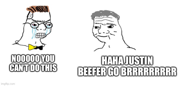 NOOOOO YOU CAN’T DO THIS HAHA JUSTIN BEEFER GO BRRRRRRRRR | image tagged in nooo haha go brrr | made w/ Imgflip meme maker