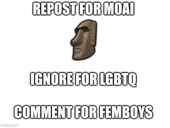 moai | REPOST FOR MOAI; 🗿; IGNORE FOR LGBTQ; COMMENT FOR FEMBOYS | image tagged in blank white template | made w/ Imgflip meme maker