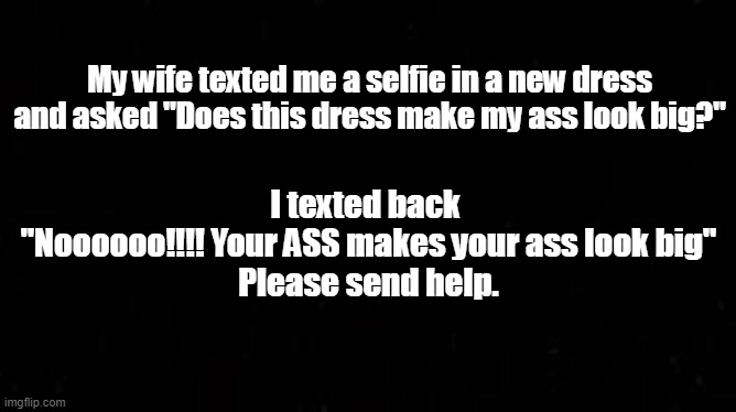 Not so smart |  My wife texted me a selfie in a new dress and asked "Does this dress make my ass look big?"; I texted back 
"Noooooo!!!! Your ASS makes your ass look big"


Please send help. | image tagged in honesty,wife problems | made w/ Imgflip meme maker