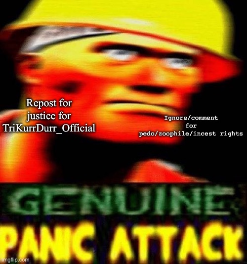 Genuine Panic attack | Ignore/comment for pedo/zoophile/incest rights; Repost for justice for TriKurrDurr_Official | image tagged in genuine panic attack | made w/ Imgflip meme maker