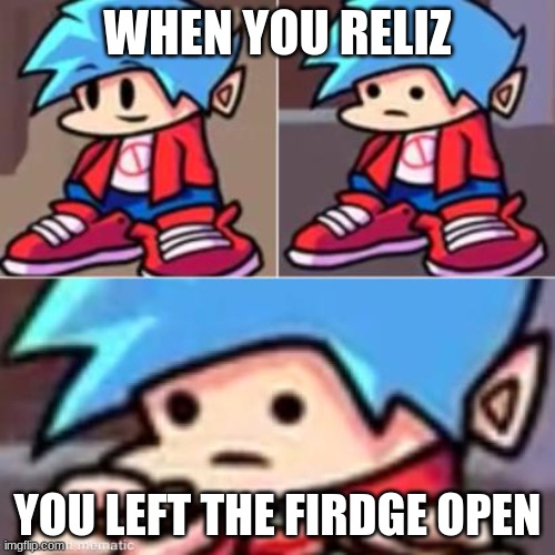 so true | WHEN YOU RELIZ; YOU LEFT THE FIRDGE OPEN | image tagged in boyfriend realization | made w/ Imgflip meme maker
