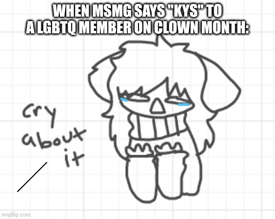 Cry abut it furry | WHEN MSMG SAYS "KYS" TO A LGBTQ MEMBER ON CLOWN MONTH: | image tagged in cry abut it furry | made w/ Imgflip meme maker