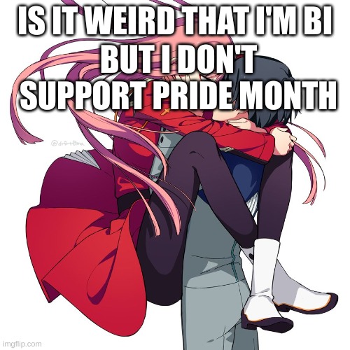 zero two hug | IS IT WEIRD THAT I'M BI; BUT I DON'T SUPPORT PRIDE MONTH | image tagged in zero two hug | made w/ Imgflip meme maker