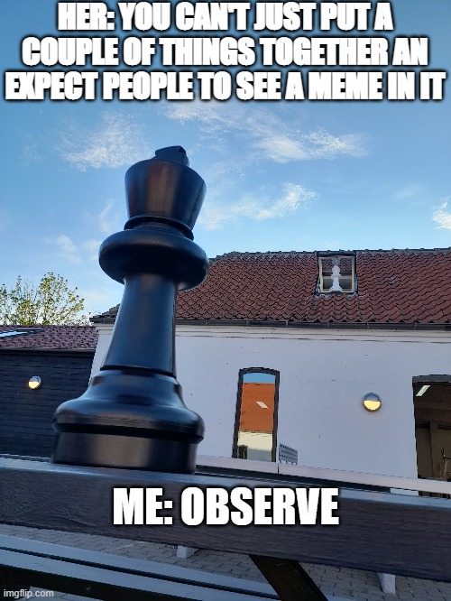 can you see what i tried to make ? | HER: YOU CAN'T JUST PUT A COUPLE OF THINGS TOGETHER AN EXPECT PEOPLE TO SEE A MEME IN IT; ME: OBSERVE | image tagged in funny | made w/ Imgflip meme maker